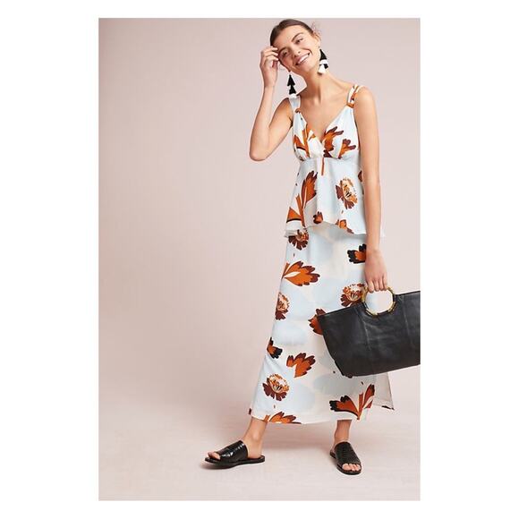 Anthropologie Postmark Blue&Brown Floral Silk Pamela Maxi Dress Sz.8P - Picture 1 of 15